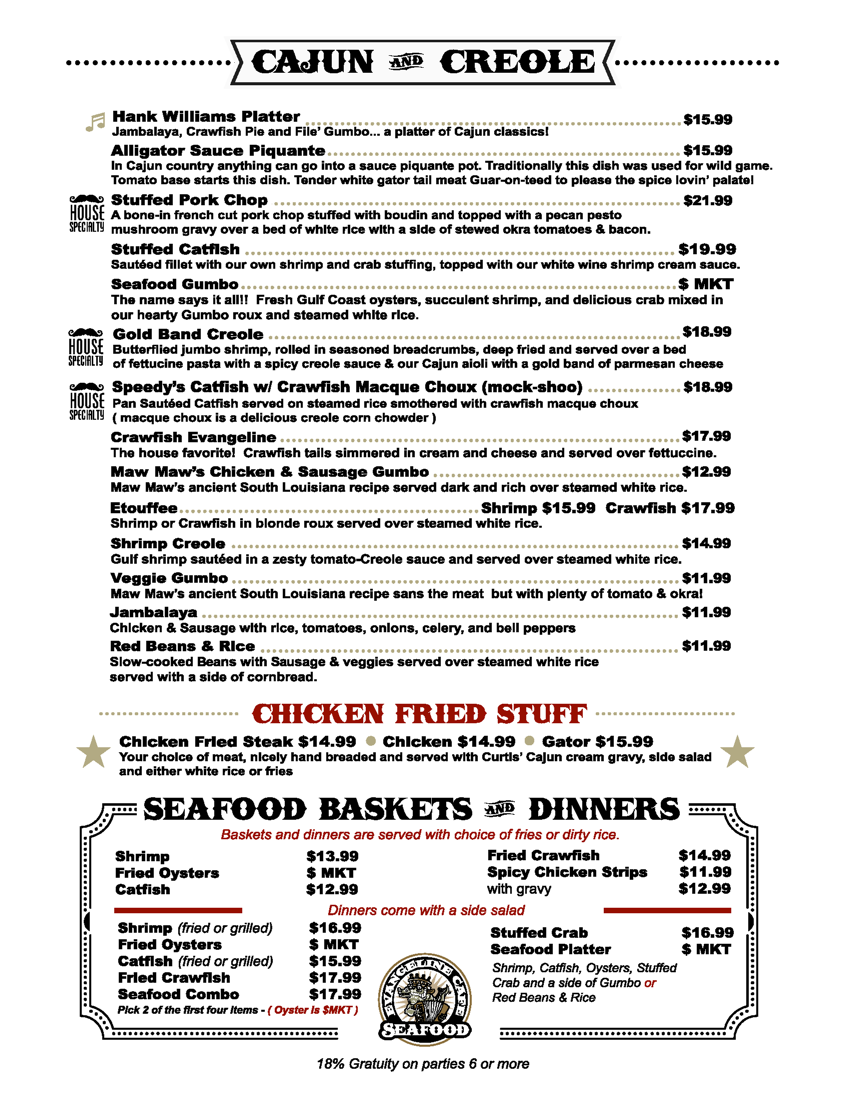 Evangeline Cafe Entrees Menu